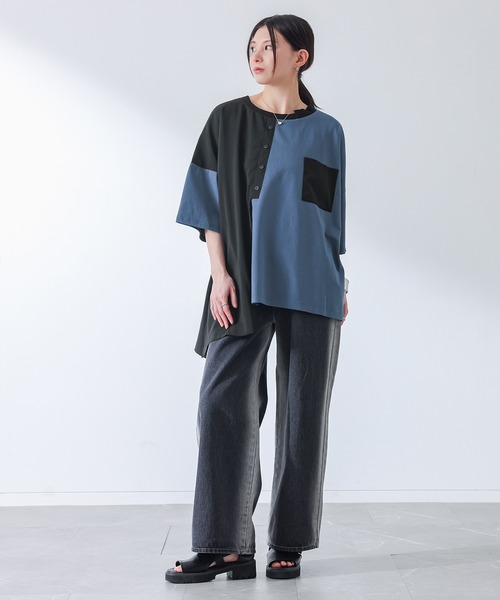 osharewalker(オシャレウォーカー)の「『異素材配色アシメデザインTシャツ』(Tシャツ/カットソー・レディース・グレイッシュブルー/ブラック・FREE)」の21枚目の写真