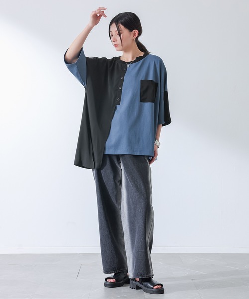 osharewalker(オシャレウォーカー)の「『異素材配色アシメデザインTシャツ』(Tシャツ/カットソー・レディース・グレイッシュブルー/ブラック・FREE)」の20枚目の写真