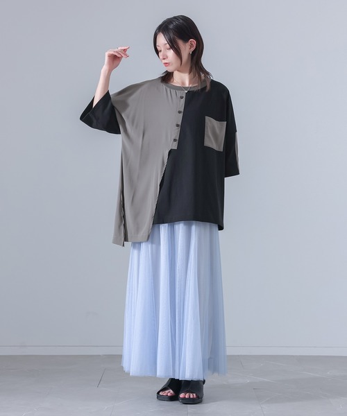 osharewalker(オシャレウォーカー)の「『異素材配色アシメデザインTシャツ』(Tシャツ/カットソー・レディース・グレイッシュブルー/ブラック・FREE)」の10枚目の写真