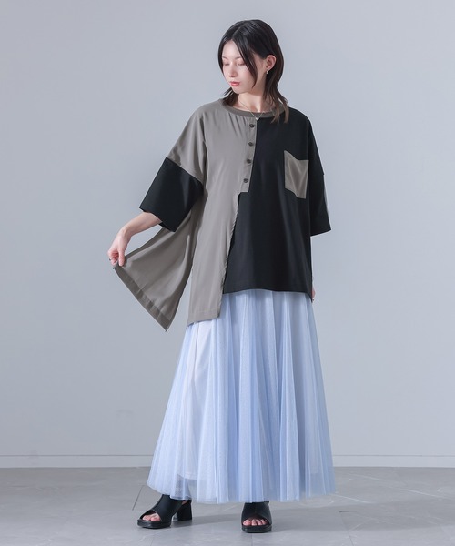 osharewalker(オシャレウォーカー)の「『異素材配色アシメデザインTシャツ』(Tシャツ/カットソー・レディース・グレイッシュブルー/ブラック・FREE)」の9枚目の写真