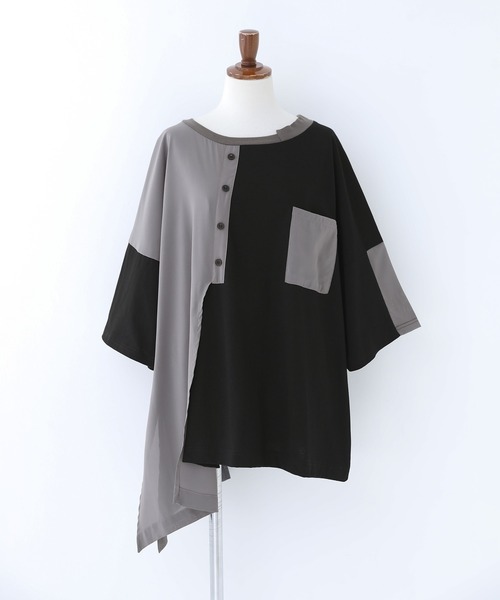 osharewalker(オシャレウォーカー)の「『異素材配色アシメデザインTシャツ』(Tシャツ/カットソー・レディース・グレイッシュブルー/ブラック・FREE)」の6枚目の写真