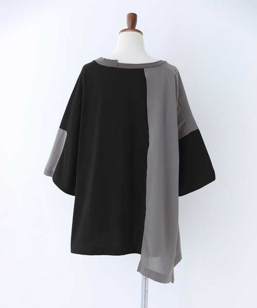 osharewalker(オシャレウォーカー)の「『異素材配色アシメデザインTシャツ』(Tシャツ/カットソー・レディース・グレイッシュブルー/ブラック・FREE)」の3枚目の写真