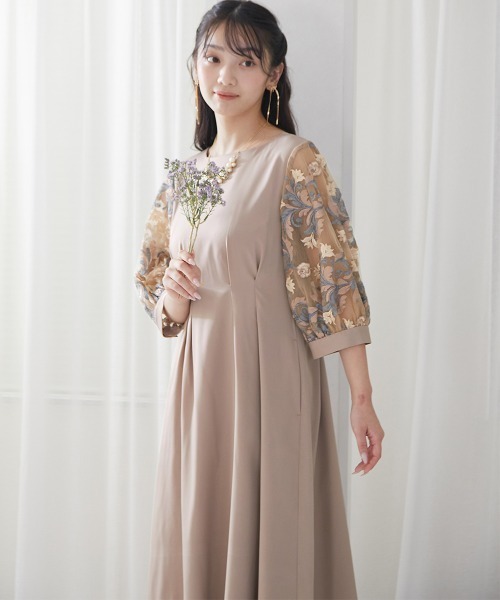 結婚式・パーティードレス】袖チュールレース使いウエストタック