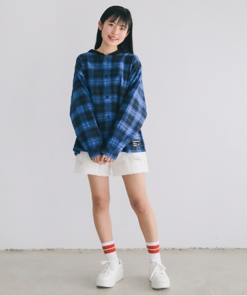 jeans-b（ジーンズベー）の「Jeans-b/ジーンズベー フード付きワイドシャツ（シャツ/ブラウス・キッズ・ブルー/オフホワイト・150cm/160cm/140cm/130cm）」の7枚目の写真