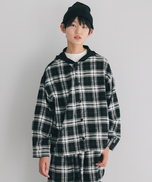 jeans-b（ジーンズベー）の「Jeans-b/ジーンズベー フード付きワイドシャツ（シャツ/ブラウス・キッズ・ブルー/オフホワイト・150cm/160cm/140cm/130cm）」の3枚目の写真