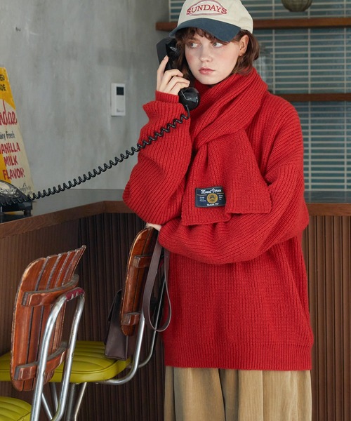 MONO-MART LADY'S(モノマートレディース)の「畔編みマフラー付きクルーネックニットプルオーバー(ニット/セーター・レディース・ネイビー/アイボリー/レッド/ブラウン・FREE)」の4枚目の写真