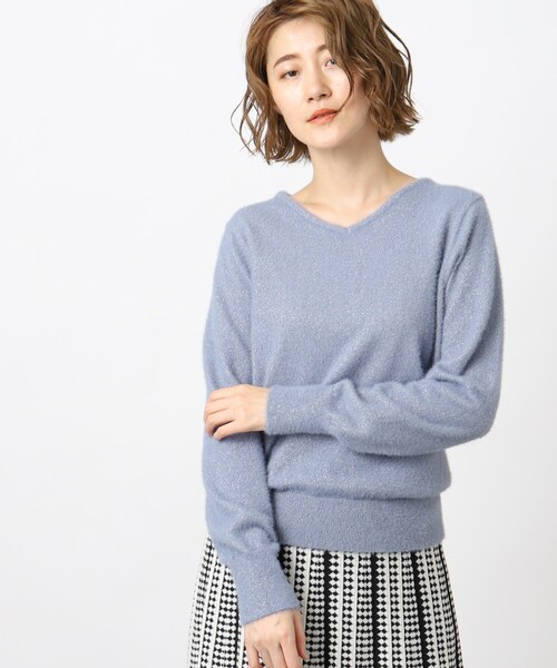 grove(グローブ)の「◆ラメフェザーVネックニット(ニット/セーター・レディース・ライトグレー系9/ブルー/ナチュラル/オフホワイト・02/03/05/01/04)」の1枚目の写真