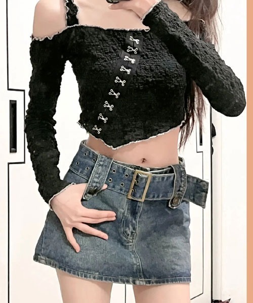 Mayree（メイリー）の「【Mayree】デニム ミニスカート ベルトセット（デニムスカート・レディース・ブラック/ブルー・SMALL/MEDIUM/LARGE）」の2枚目の写真