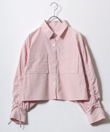 Salong hameu（サロン ハミュー）の「ボリュームスリーブ ドロストリボン 長袖ストライプシャツ 無地シャツ レディース（シャツ/ブラウス）」