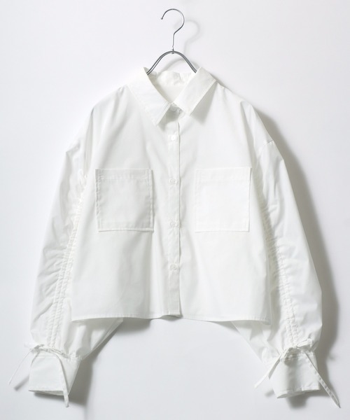Salong hameu(サロン ハミュー)の「ボリュームスリーブ ドロストリボン 長袖ストライプシャツ 無地シャツ レディース(シャツ/ブラウス・レディース・ピンク/ブルー/オフホワイト・M/L)」の4枚目の写真