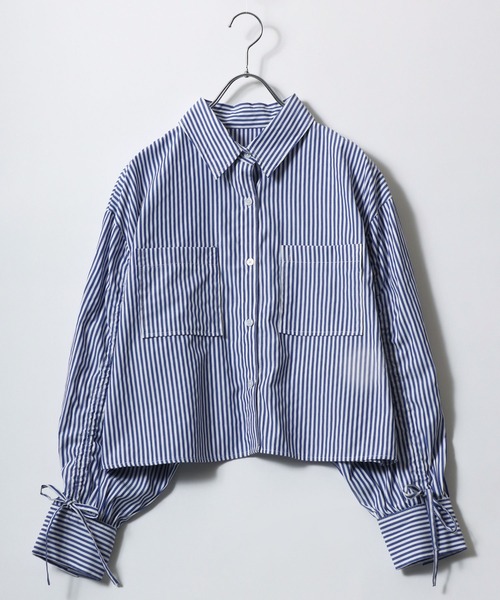 Salong hameu(サロン ハミュー)の「ボリュームスリーブ ドロストリボン 長袖ストライプシャツ 無地シャツ レディース(シャツ/ブラウス・レディース・ピンク/ブルー/オフホワイト・M/L)」の6枚目の写真