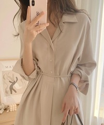 ウエストマーク開襟ロングワンピース