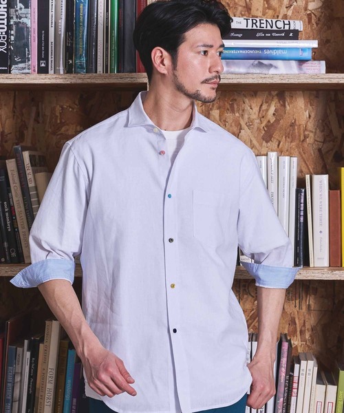 UNION STATION（ユニオンステーション）の「COOLMAX フレンチリネン 7分袖シャツ（シャツ/ブラウス・メンズ・サックスブルー/ピンク/ホワイト/ネイビー/ベージュ/カーキ・LL/S/L/M）」の7枚目の写真