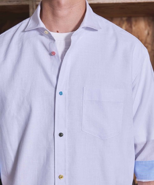 UNION STATION（ユニオンステーション）の「COOLMAX フレンチリネン 7分袖シャツ（シャツ/ブラウス・メンズ・サックスブルー/ピンク/ホワイト/ネイビー/ベージュ/カーキ・LL/S/L/M）」の10枚目の写真