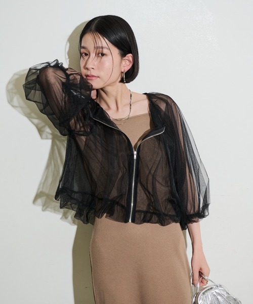 Shelly island(シェリーアイランド)の「チュールブルゾン(ノーカラージャケット・レディース・グレー/ブラック/ホワイト・M)」の3枚目の写真