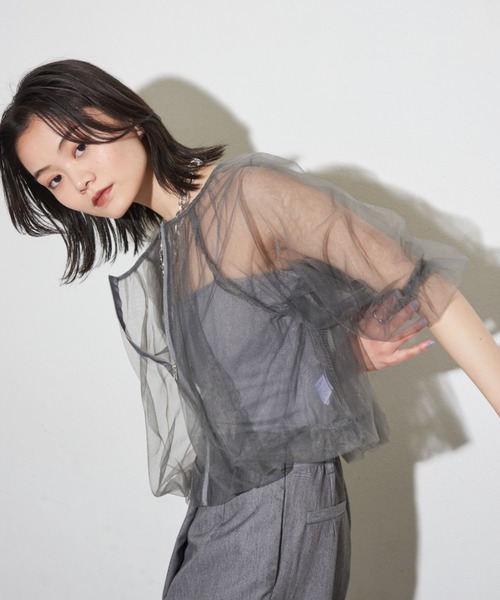 Shelly island(シェリーアイランド)の「チュールブルゾン(ノーカラージャケット・レディース・グレー/ブラック/ホワイト・M)」の5枚目の写真