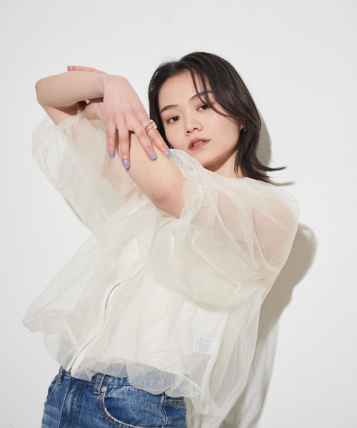 Shelly island(シェリーアイランド)の「チュールブルゾン(ノーカラージャケット・レディース・グレー/ブラック/ホワイト・M)」の21枚目の写真