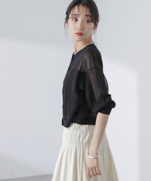 NANO universe（ナノユニバース）の「クロップドシアーニットカーディガン（カーディガン/ボレロ・レディース・ブラック/ホワイト/ピンク・FREE）」の11枚目の写真