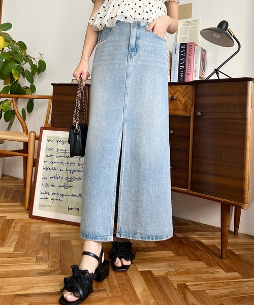 セール】フロントスリットデニムスカート（デニムスカート