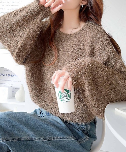 セール】上品に華やぐ。袖ボリュームラメフィルムヤーンシャギーニット
