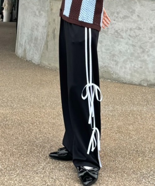 リボン付き黒パンツ ラクチンきれい見えパンツ】リボンハイパーストレッチパンツ（6