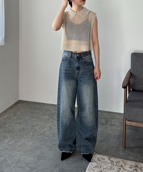 feepur（フェピュール）の「【ハンドウォッシャブル】リネン混バックオープンメッシュノースリポロニット（ニット/セーター・レディース・チャコールグレー/アイボリー・MEDIUM）」の21枚目の写真