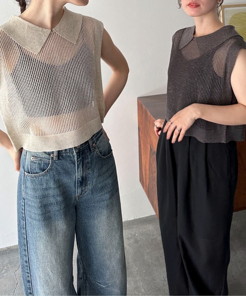 feepur（フェピュール）の「【ハンドウォッシャブル】リネン混バックオープンメッシュノースリポロニット（ニット/セーター・レディース・チャコールグレー/アイボリー・MEDIUM）」の9枚目の写真