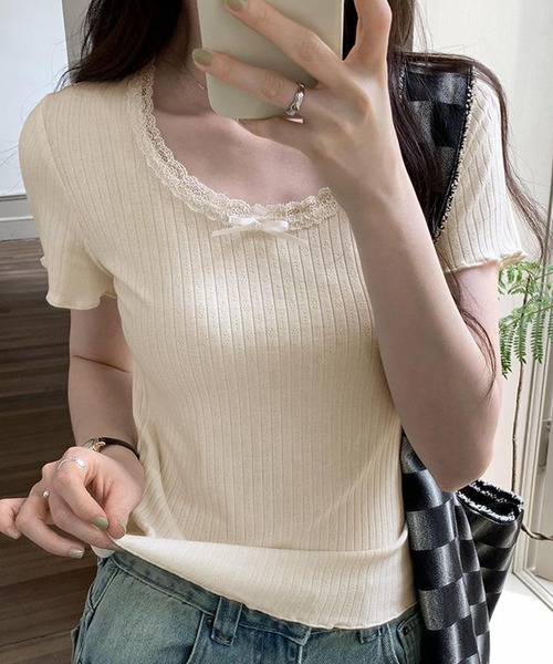 Teem Store(チームストア)の「チビリボン付き ネックレース Tシャツ(Tシャツ/カットソー・レディース・アイボリー/ホワイト・L/M/S)」の2枚目の写真