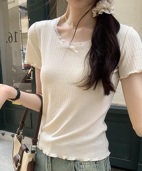 Teem Store(チームストア)の「チビリボン付き ネックレース Tシャツ(Tシャツ/カットソー・レディース・アイボリー/ホワイト・L/M/S)」の4枚目の写真