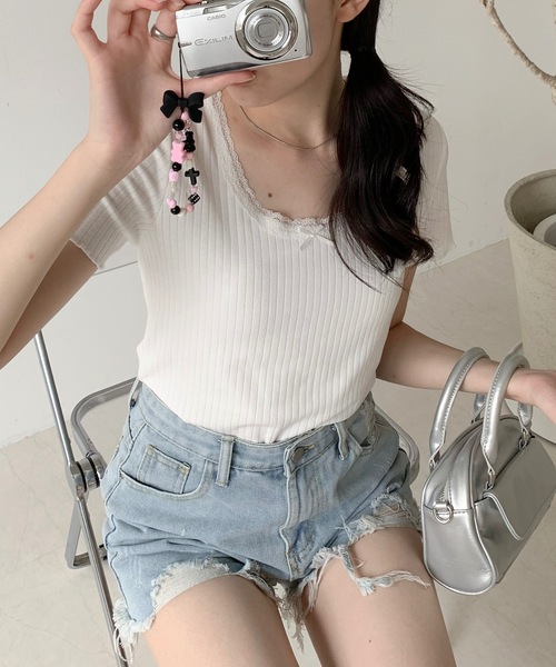 Teem Store(チームストア)の「チビリボン付き ネックレース Tシャツ(Tシャツ/カットソー・レディース・アイボリー/ホワイト・L/M/S)」の9枚目の写真