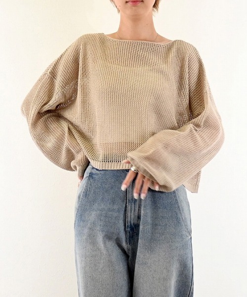 STYLEBLOCK(スタイルブロック)の「E綿タッチメッシュニットショートプルオーバー(ニット/セーター・レディース・ブラック/グリーン/ベージュ/ホワイト系その他・M)」の3枚目の写真