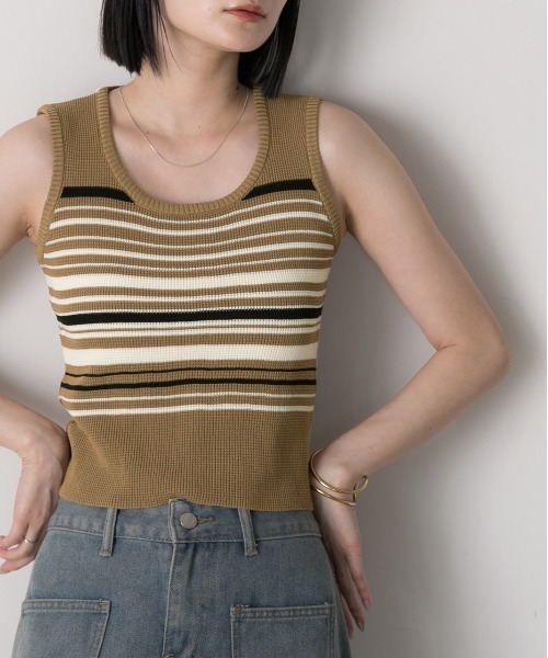 ad thie(アドティエ)の「マルチボーダーノースリーブニットトップス(Tシャツ/カットソー・レディース・ブラウン/オフホワイト/カーキ/ブラック・FREE)」の20枚目の写真