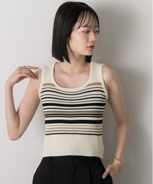 ad thie(アドティエ)の「マルチボーダーノースリーブニットトップス(Tシャツ/カットソー・レディース・ブラウン/オフホワイト/カーキ/ブラック・FREE)」の6枚目の写真