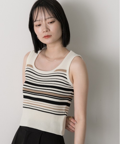ad thie(アドティエ)の「マルチボーダーノースリーブニットトップス(Tシャツ/カットソー・レディース・ブラウン/オフホワイト/カーキ/ブラック・FREE)」の10枚目の写真