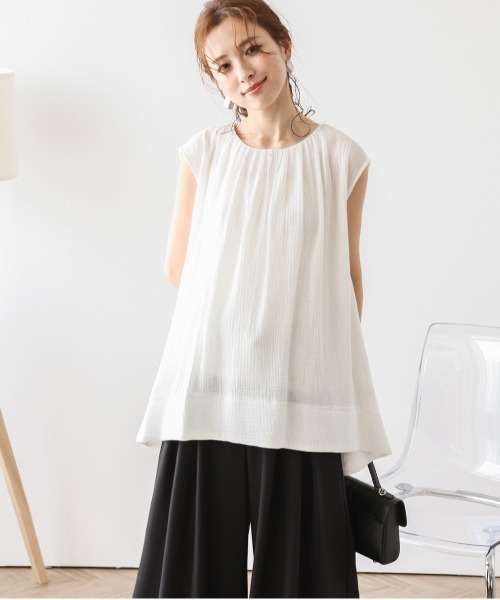 La-gemme（ラジェム）の「Wガーゼフレンチスリーブトップス（Tシャツ/カットソー・レディース・ホワイト/グレイッシュベージュ/ブラック・フリー）」の6枚目の写真