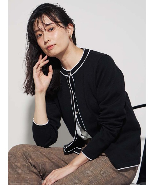 Perfect Suit FActory（パーフェクトスーツファクトリー）の「【洗える】ウール混　配色ニットカーディガン　ブラック/オフホワイト/ブラウン（カーディガン/ボレロ・レディース・ブラック/オフホワイト/ブラウン・S/M/L）」の2枚目の写真