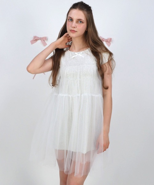 M.me.eme クロスチュールフレアミニワンピース M.me.eme クロスチュールフレアミニワンピース Pre Order】Cross tulle