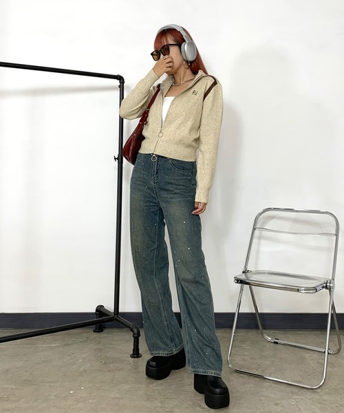 non-hedge(ノンヘッジ)の「ロゴ刺繍リングジップショート丈ニットプルオーバー(ニット/セーター・レディース・カーキ/ブラック/オフホワイト/グレー/ベージュ・FREE)」の18枚目の写真