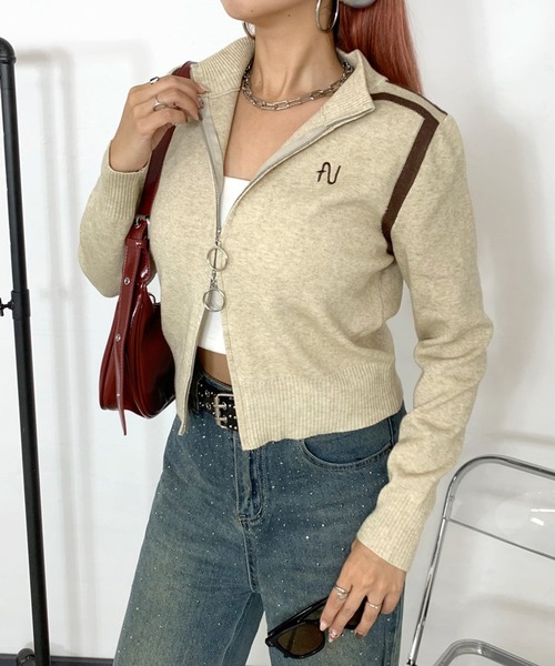 non-hedge(ノンヘッジ)の「ロゴ刺繍リングジップショート丈ニットプルオーバー(ニット/セーター・レディース・カーキ/ブラック/オフホワイト/グレー/ベージュ・FREE)」の21枚目の写真