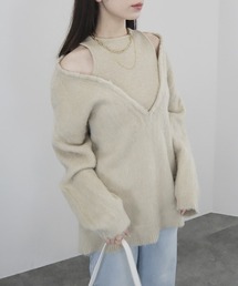 レイヤードライクオフショルダーニット/llayered like off shoulder knit 重ね着 長袖 タンクトップ 大人カジュアル シンプル きれいめ レディライク 肌見せ アルパカタッチ 起毛 アイボリー モカ ブラウン ベージュ グレー