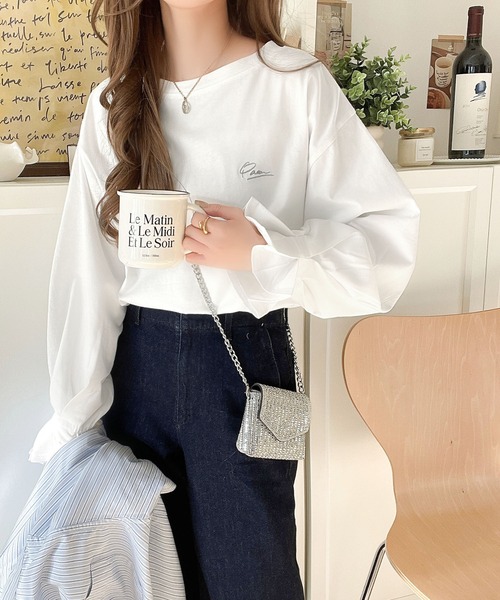 classicalelf(クラシカルエルフ)の「愛らしさを纏った。綿100%英字胸刺繍キャンディースリーブシルケットカットソー(長袖)(Tシャツ/カットソー・レディース・ホワイト/ライトグレー/グレイッシュベージュ/ブラック/グリーン/ブルー・MEDIUM/X-LARGE/SMALL/LARGE)」の21枚目の写真