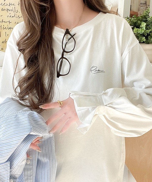 classicalelf(クラシカルエルフ)の「愛らしさを纏った。綿100%英字胸刺繍キャンディースリーブシルケットカットソー(長袖)(Tシャツ/カットソー・レディース・ホワイト/ライトグレー/グレイッシュベージュ/ブラック/グリーン/ブルー・MEDIUM/X-LARGE/SMALL/LARGE)」の7枚目の写真