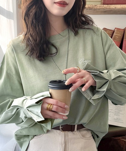 classicalelf(クラシカルエルフ)の「愛らしさを纏った。綿100%英字胸刺繍キャンディースリーブシルケットカットソー(長袖)(Tシャツ/カットソー・レディース・ホワイト/ライトグレー/グレイッシュベージュ/ブラック/グリーン/ブルー・MEDIUM/X-LARGE/SMALL/LARGE)」の13枚目の写真