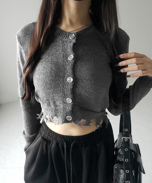 me+em select(ミームセレクト)の「※※【 3color 】ダメージシアーニットショートカーディガン / damage sheer knit short cardigan(カーディガン/ボレロ・レディース・グレー/ブラック/アイボリー・FREE)」の3枚目の写真