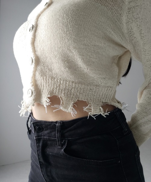 me+em select(ミームセレクト)の「※※【 3color 】ダメージシアーニットショートカーディガン / damage sheer knit short cardigan(カーディガン/ボレロ・レディース・グレー/ブラック/アイボリー・FREE)」の12枚目の写真