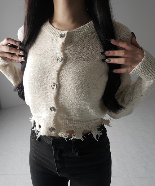 me+em select(ミームセレクト)の「※※【 3color 】ダメージシアーニットショートカーディガン / damage sheer knit short cardigan(カーディガン/ボレロ・レディース・グレー/ブラック/アイボリー・FREE)」の15枚目の写真