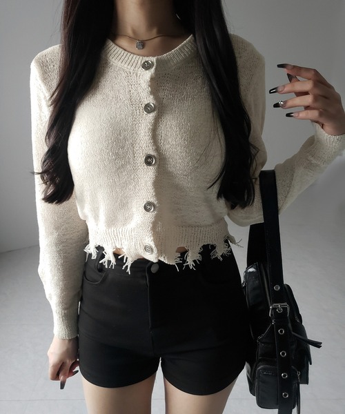 me+em select(ミームセレクト)の「※※【 3color 】ダメージシアーニットショートカーディガン / damage sheer knit short cardigan(カーディガン/ボレロ・レディース・グレー/ブラック/アイボリー・FREE)」の19枚目の写真
