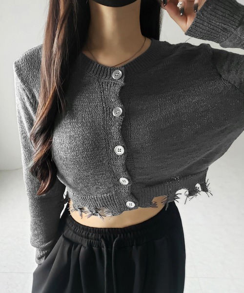 me+em select(ミームセレクト)の「※※【 3color 】ダメージシアーニットショートカーディガン / damage sheer knit short cardigan(カーディガン/ボレロ・レディース・グレー/ブラック/アイボリー・FREE)」の8枚目の写真