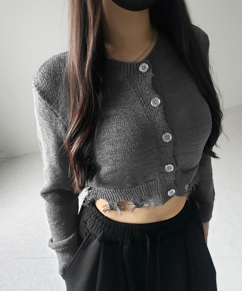 me+em select(ミームセレクト)の「※※【 3color 】ダメージシアーニットショートカーディガン / damage sheer knit short cardigan(カーディガン/ボレロ・レディース・グレー/ブラック/アイボリー・FREE)」の9枚目の写真