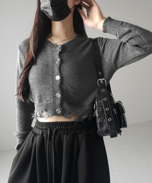 me+em select(ミームセレクト)の「※※【 3color 】ダメージシアーニットショートカーディガン / damage sheer knit short cardigan(カーディガン/ボレロ・レディース・グレー/ブラック/アイボリー・FREE)」の5枚目の写真